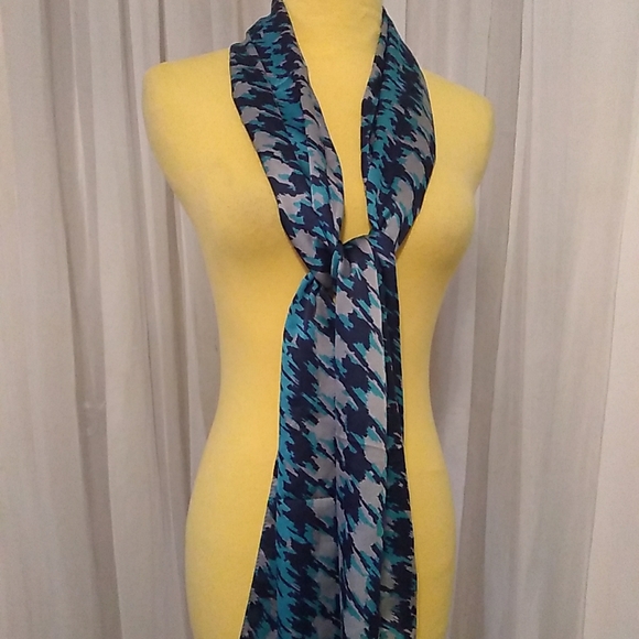 Ann Klein Blue Gray And Green Patterned Satin Scarf 13" X 64" - Picture 3 of 9